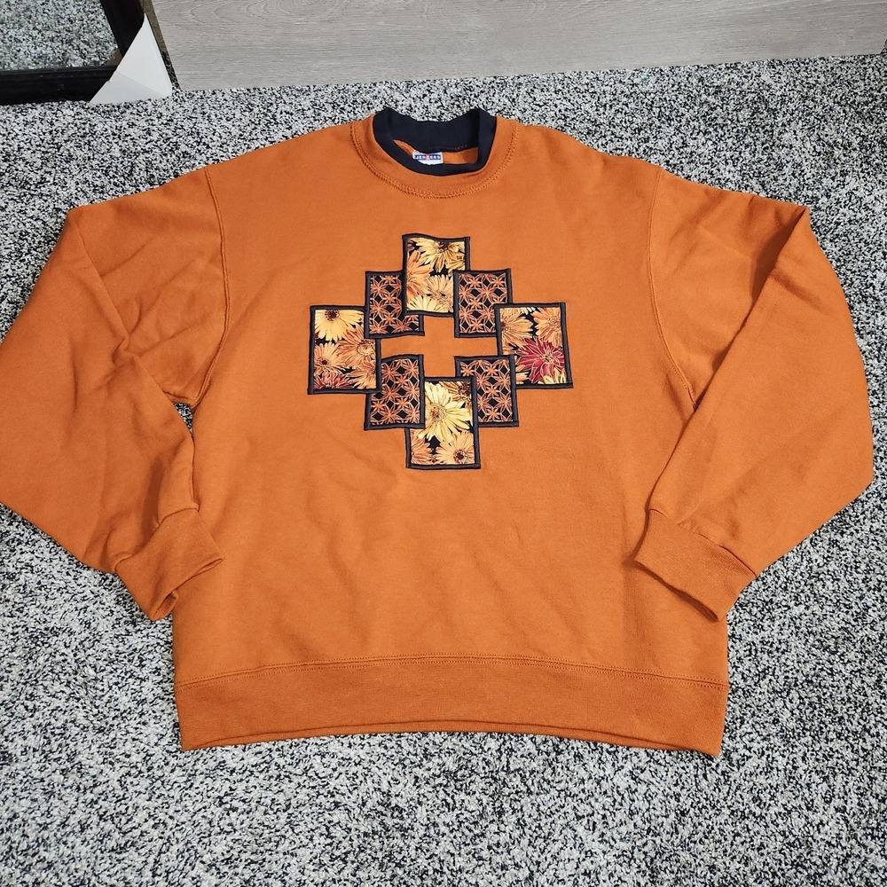 Jerzees Fall Sweater Burnt Orange Sunflower Cottagecore Granny Vtg 90s Cozy Sz M